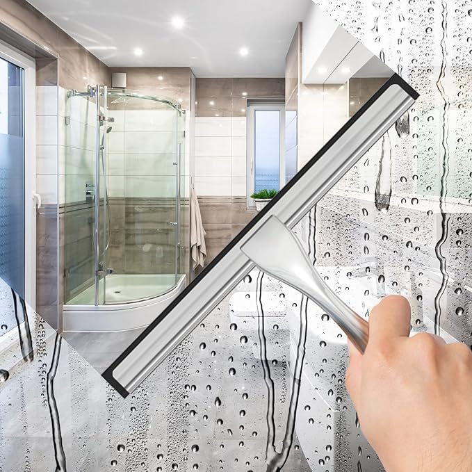 814rGbdtbBL._AC_SX679_.jpg Stainless Steel Shower Squeegee with Hooks for Glass Door, Window & Mirror Cleaning - Image 1