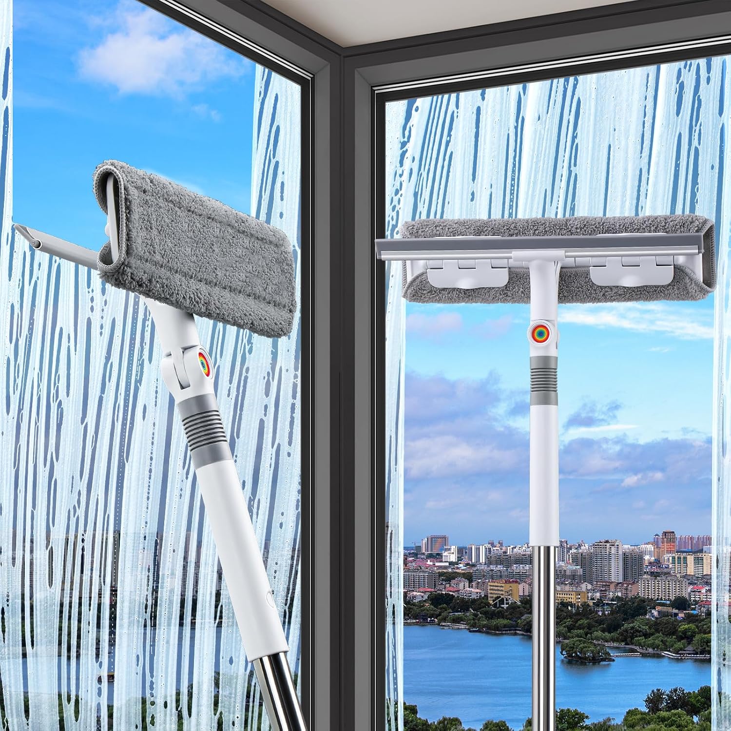 81CrTPyHAWL._AC_SL1500_.jpg 2-in-1 Window Cleaning Squeegee with Extension Pole, Rotating Head Glass Cleaner - Image 1